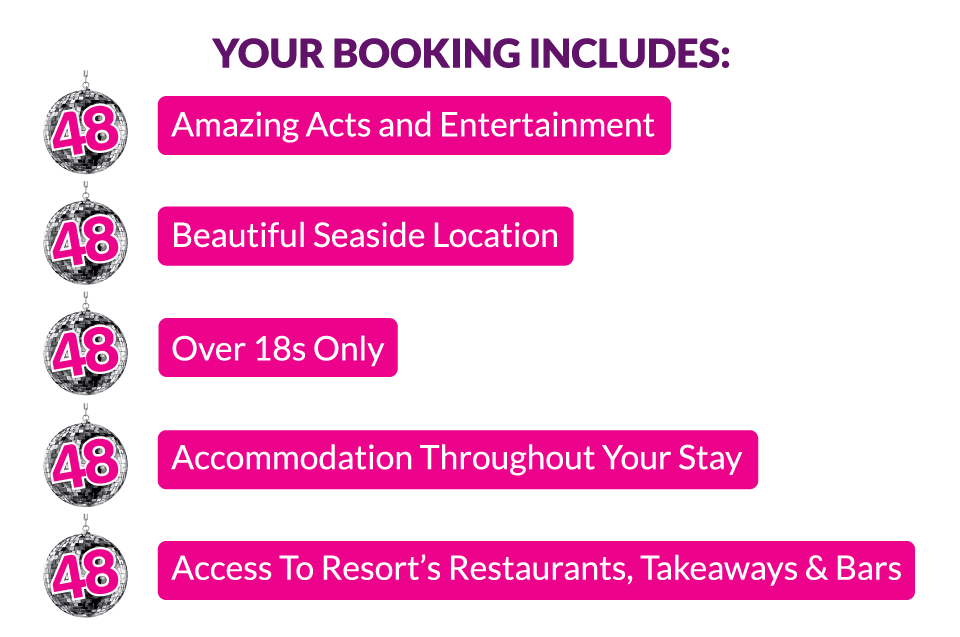Access to resorts Restaurants, Takeaways & Bars. Not forgetting Performances from 80’s legends, Amazing Tribute Acts, Lots of daytime activities, Over 18’s event & A Beautiful Seaside location.